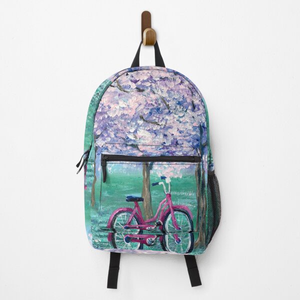 Item preview, dreamy spring landscape painting pink bike purple lilac cherry blossom designed and sold by LEILA ART SPACE.