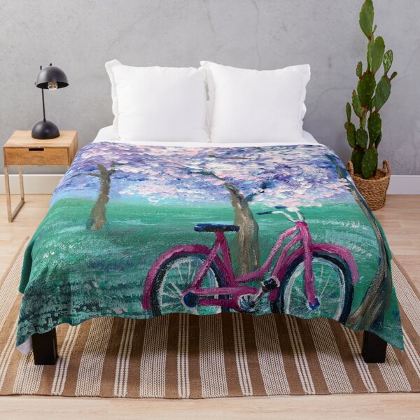 Item preview, dreamy spring landscape painting pink bike purple lilac cherry blossom designed and sold by LEILA ART SPACE.
