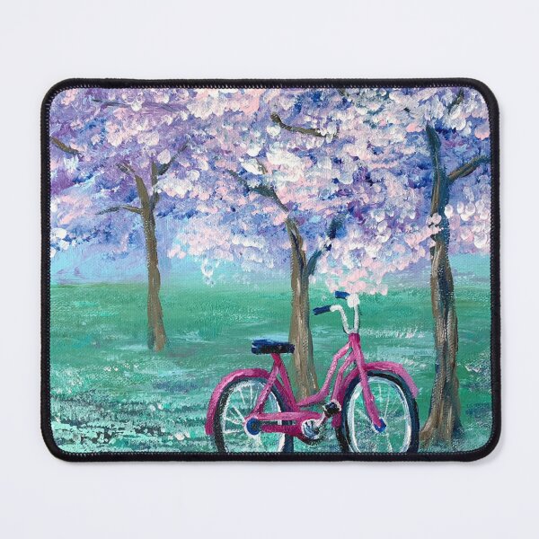 Item preview, dreamy spring landscape painting pink bike purple lilac cherry blossom designed and sold by LEILA ART SPACE.