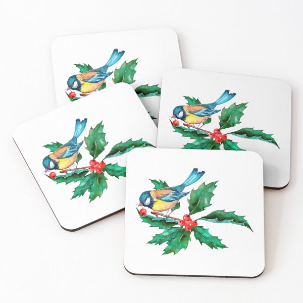 Item preview, Watercolor Blue Yellow Bird on Holly Berry Branch designed and sold by silviaol.