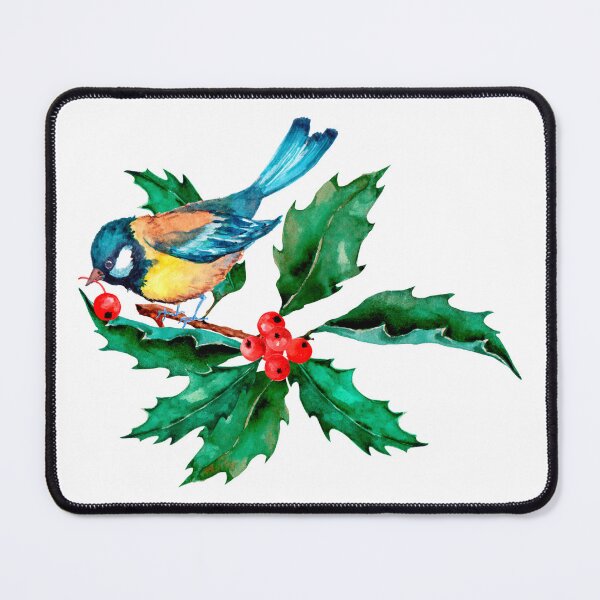 Item preview, Watercolor Blue Yellow Bird on Holly Berry Branch designed and sold by silviaol.