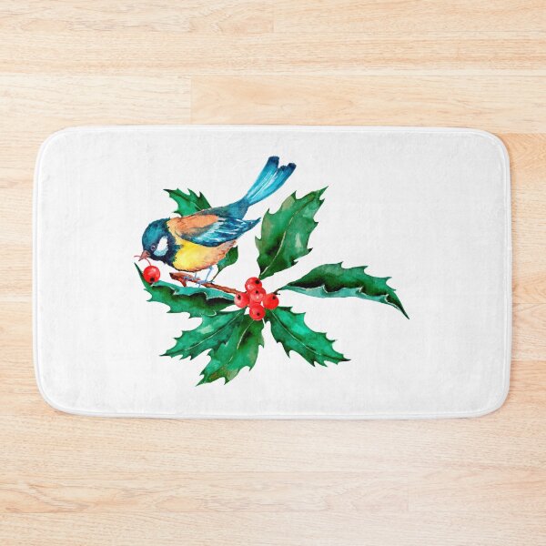 Item preview, Watercolor Blue Yellow Bird on Holly Berry Branch designed and sold by silviaol.