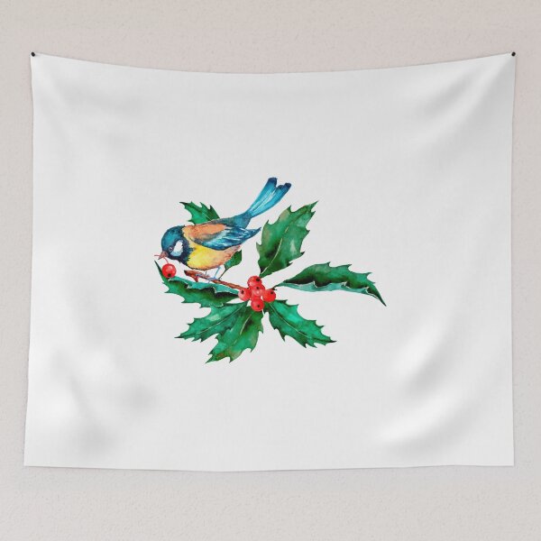 Item preview, Watercolor Blue Yellow Bird on Holly Berry Branch designed and sold by silviaol.