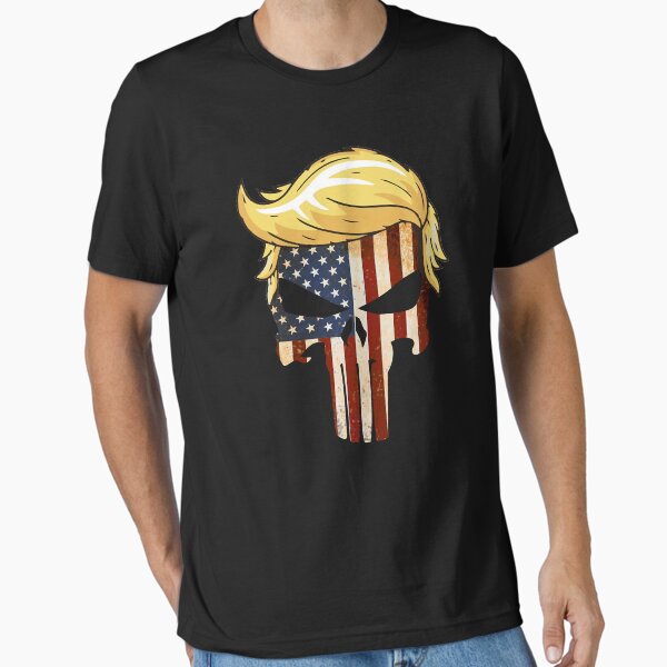 Vista previa del artículo con la obra «Calavera con la icónica bandera de Trump Hair America», diseñado y vendido por Shakira Hauck.