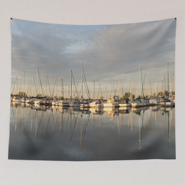 Item preview, Reflecting on Yachting - Golden Hour at a Serene Marina designed and sold by Georgia Mizuleva.