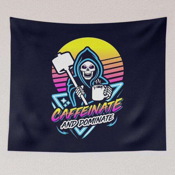 Item preview, Caffeinate And Dominate (Gym Reaper) Retro Neon Synthwave 80s 90s designed and sold by Brogress Project.