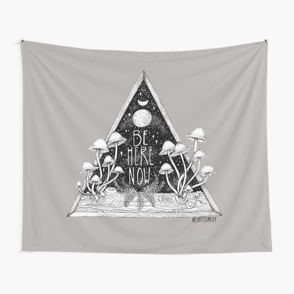 Be Here Now || Zen typography mushroom illustration Tapestry