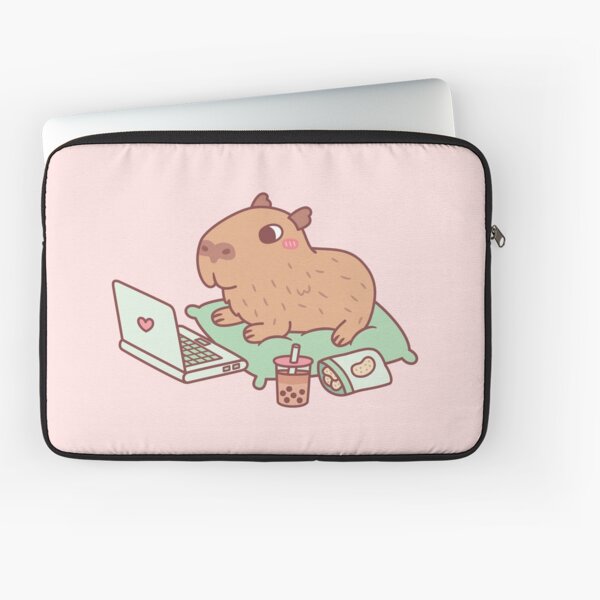 Aperçu de l'œuvre Capybara mignon et détendu avec un ordinateur portable et des collations créée et vendue par rustydoodle.