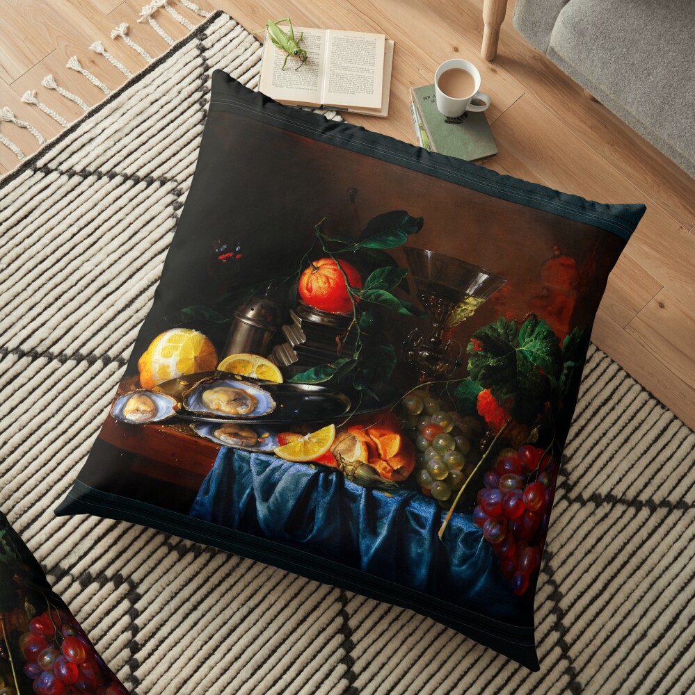 Still Life with Oysters and Grapes by Jan Davidsz de Heem - An Alluring Bouquet Of Color 2 Still Life with Oysters and Grapes by Jan Davidsz de Heem Remastered Xzendor7 Classical Art Old Masters Reproductions Floor Pillow