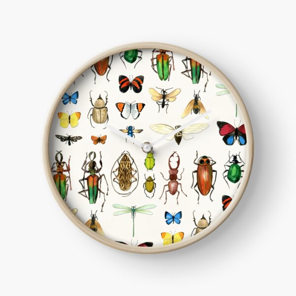 The Usual Suspects - insects on white - watercolour bugs pattern by Cecca Designs Clock