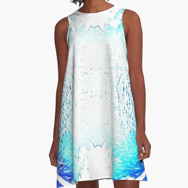 STYLISH PAINT BLUE CYAN WHITE MARINE AQUA BLOCKISM. A-Line Dress