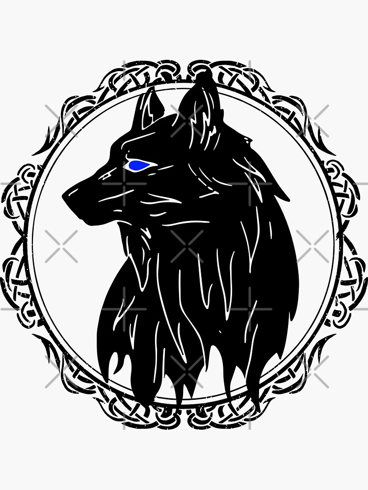 Pegatina «lobo nórdico con ojos azules en un adorno guerrero vikingo» de ReneMM Redbubble