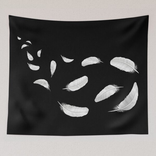 Item preview, White flying feathers of birds on a black background. designed and sold by LuckyStep.