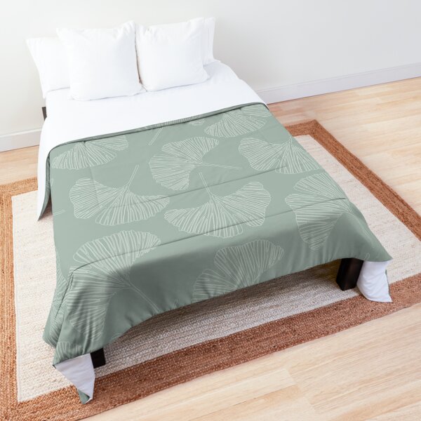 Floral Sage Green Queen Size Sheet Sets - White Gingko Leave Print