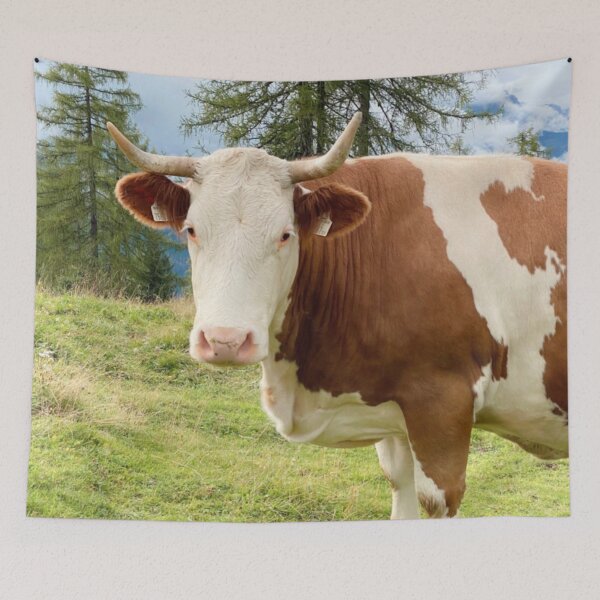 Item preview, Adorable And Cute Cow In Nature Forest In Mountains During Summer Sunny Holiday designed and sold by Barolina.