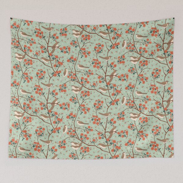 Item preview, Sakura - Alight - Birds + Cherry Blossom Flowers + Buds - Mint Green / Matcha designed and sold by Carrie Cantwell Art.