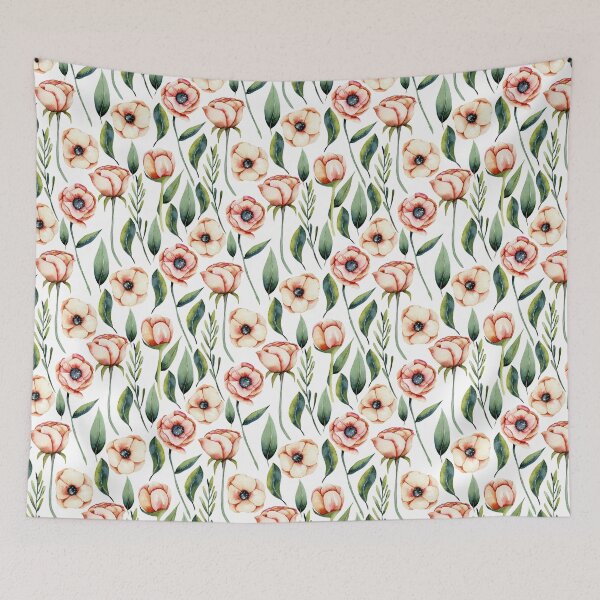 Aperçu de l'œuvre Fleurs de printemps pêche et motif de feuilles vertes créée et vendue par SageStoneCo.