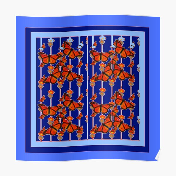 "BLUE COLOR MONARCH BUTTERFLIES POPPY FLORAL PATTERN WHITE ART" Poster