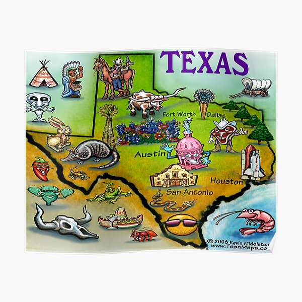 Texas Cartoon Map Poster By Kevinmiddleton Redbubble   Poster,504x498,f8f8f8 Pad,600x600,f8f8f8.u3 