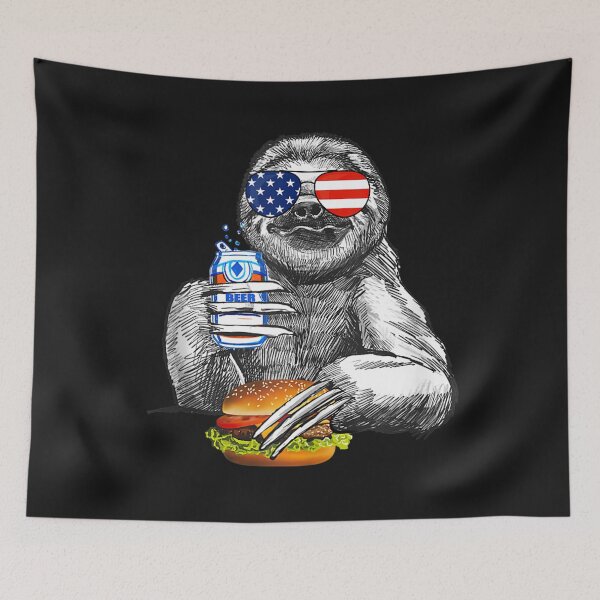 Item preview, Sloth 4th of July Sloth Drinking Beer Eating Hamburger Sloth T Shirt designed and sold by Knight-Saverin.