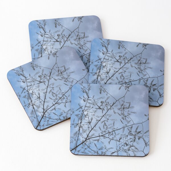 Item preview, Graceful Lace in the Sky - Mimosa Leaves and Buds Against Dusk Clouds - Vertical View Upwards Left designed and sold by Georgia Mizuleva.