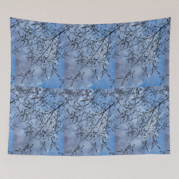 Item preview, Graceful Lace in the Sky - Mimosa Leaves and Buds Against Dusk Clouds - Vertical View Downwards Right designed and sold by Georgia Mizuleva.