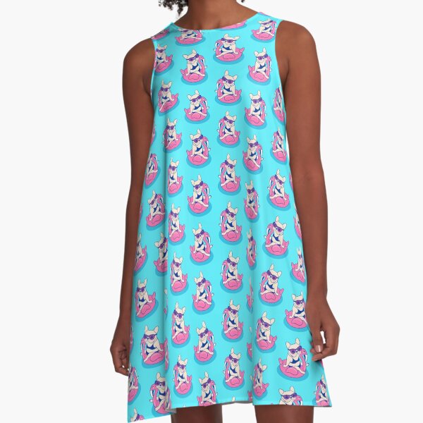 Frenchie enjoys Summer on Flamingo Pool Float in swimming pool A-Line Dress