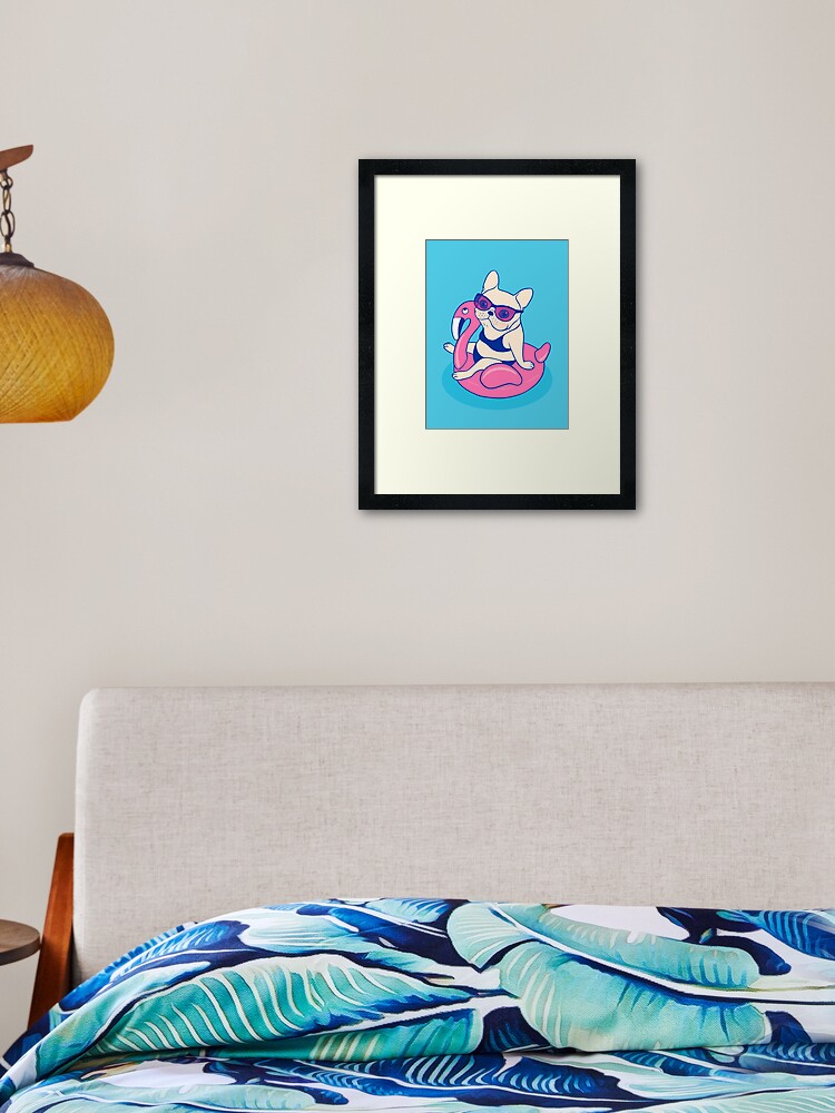 Thumbnail 2 of 7, Framed Art Print, Frenchie enjoys Summer on Flamingo Pool Float in swimming pool designed and sold by cheesim.