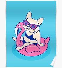 Frenchie enjoys Summer on Flamingo Pool Float in swimming pool Poster