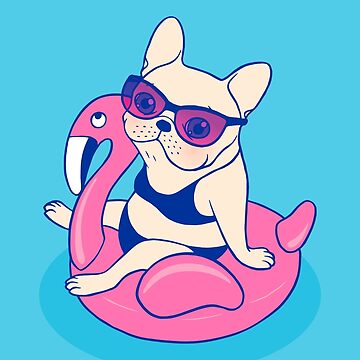 Artwork thumbnail, Frenchie enjoys Summer on Flamingo Pool Float in swimming pool by Chee Sim