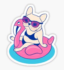 Frenchie enjoys Summer on Flamingo Pool Float in swimming pool Sticker