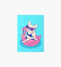 Frenchie enjoys Summer on Flamingo Pool Float in swimming pool Art Board