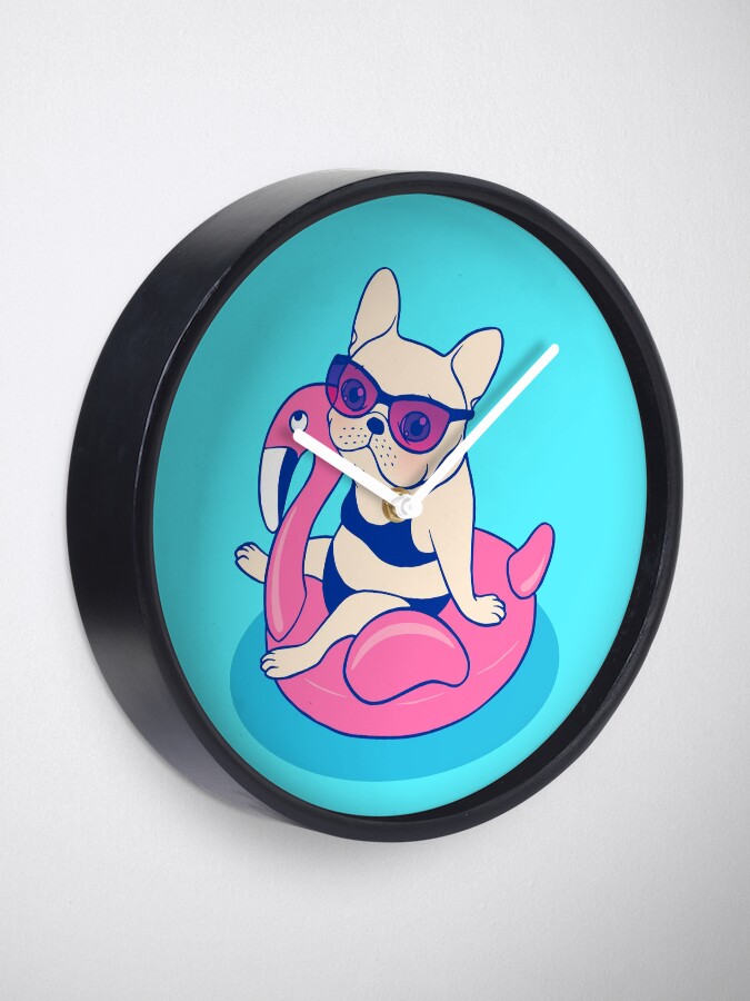 Alternate view of Frenchie enjoys Summer on Flamingo Pool Float in swimming pool Clock