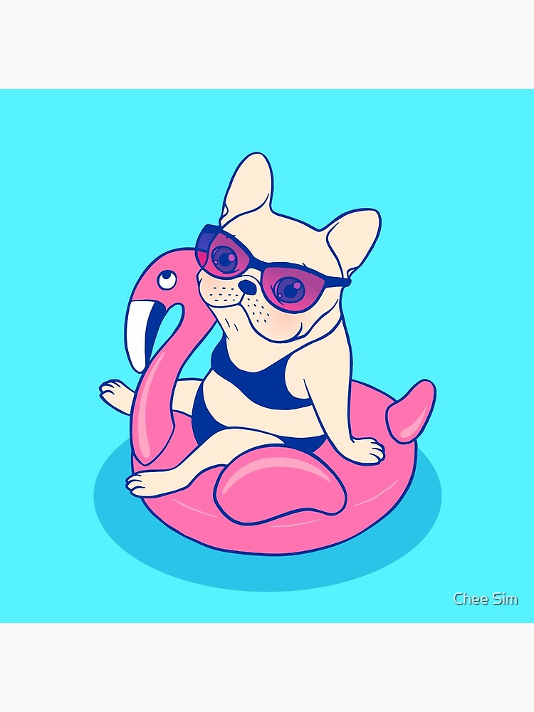 Frenchie enjoys Summer on Flamingo Pool Float in swimming pool by cheesim