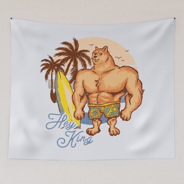 Item preview, Swole Doge Chilling on the Beach | Blue | Hey King | Big Muscle Buff Dog | Chad Shiba Inu Doggo Dank Memes | Bonk Dorime | Much Wow | Original Art Pillowcase | Surf Sun Ocean Palm Trees | Bondi designed and sold by Any Color Designs.