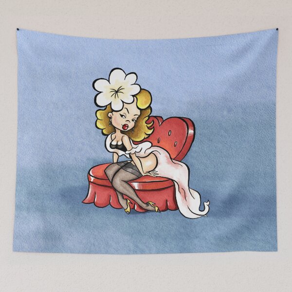Item preview, Cute Cartoon Pinup Blonde on a Loveseat designed and sold by cartoonpinups.