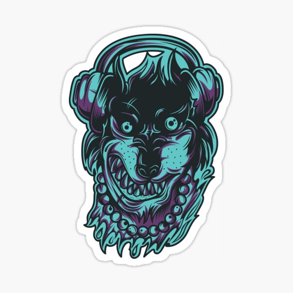 Crazy Wolf - Purple Blue Scary Wolf with Headphones Sticker