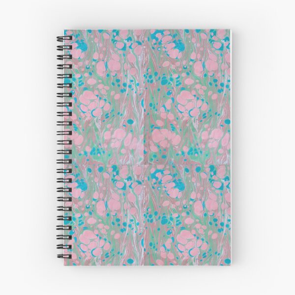 Item preview, blue and soft pink bubbles on green and brown scallopped marbling repeating pattern designed and sold by marblingqueen.