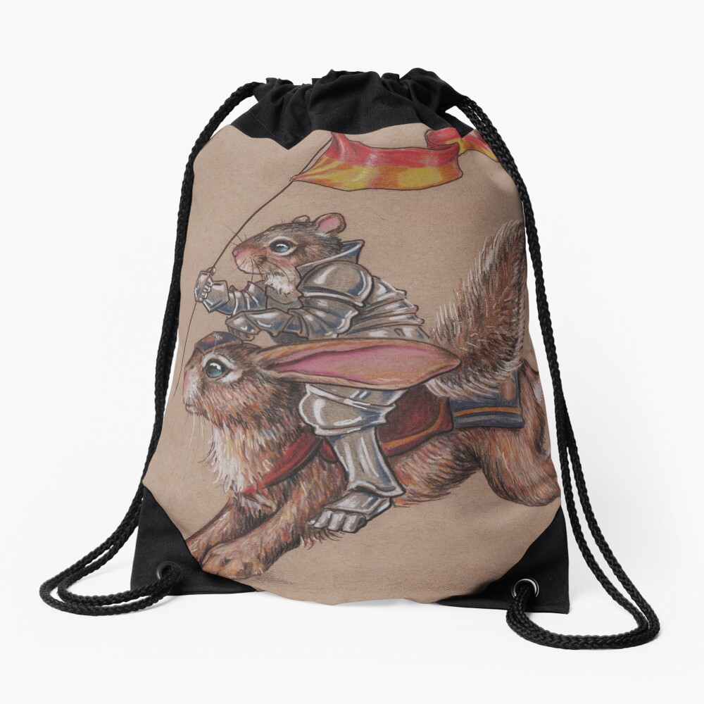 Squirrel in Shining Armor with trusted Bunny Steed Drawstring Bag