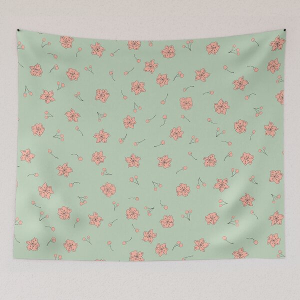 Item preview, Sakura - Wabi Sabi - Pink Cherry Blossom Flowers + Buds on Mint Green / Matcha designed and sold by Carrie Cantwell Art.