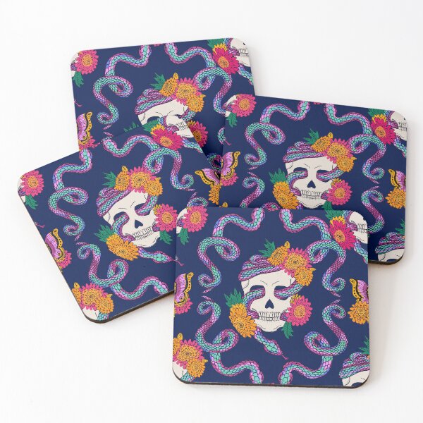 Item preview, Floral Skull Snake on Midnight Blue designed and sold by latheandquill.