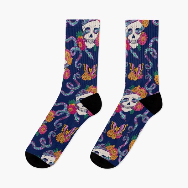 Item preview, Floral Skull Snake on Midnight Blue designed and sold by latheandquill.