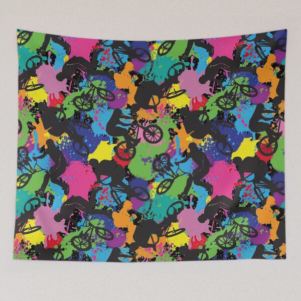 Aperçu de l'œuvre BMX Rider Silhouettes sur le motif de fond éclaboussant de couleur créée et vendue par HayleyAnn79.