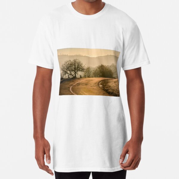 tree by the road in mountains at sunrise Long T-Shirt