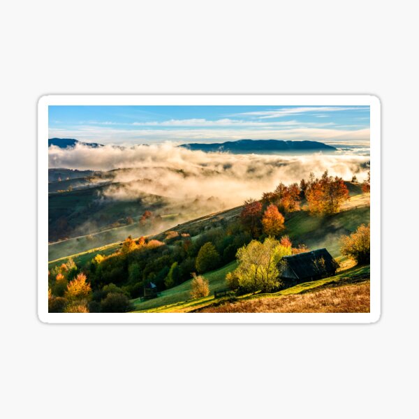 mountain rural area in foggy autumn morning Sticker