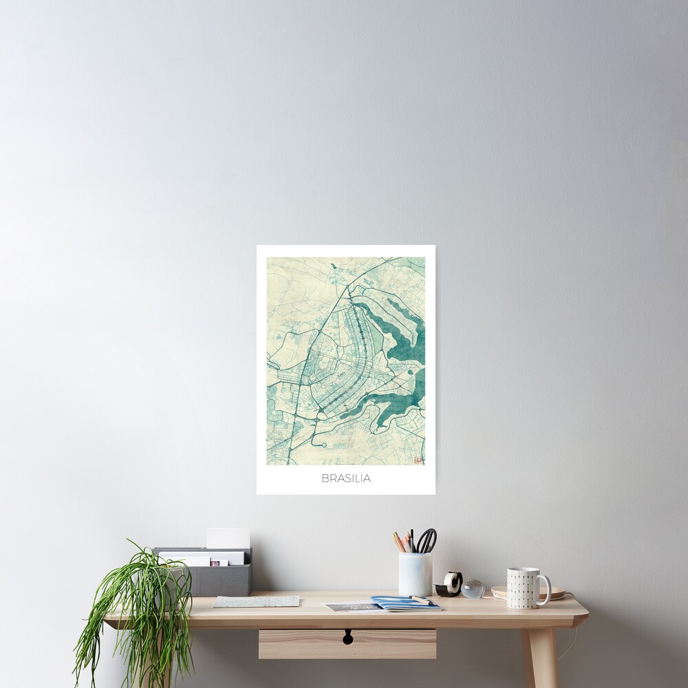 Brasilia Map Blue Vintage Poster