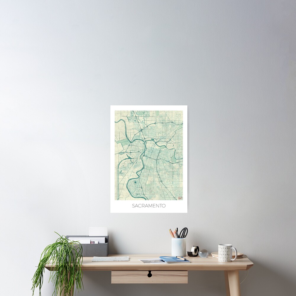 Sacramento Map Blue Vintage Poster