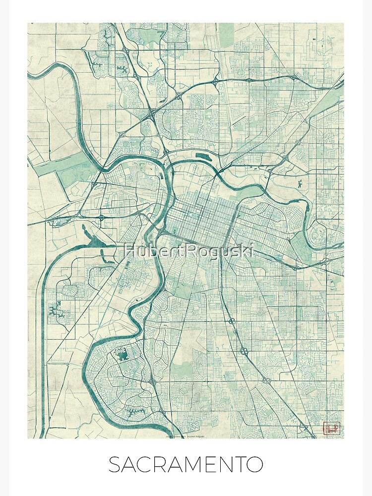 Sacramento Map Blue Vintage by HubertRoguski