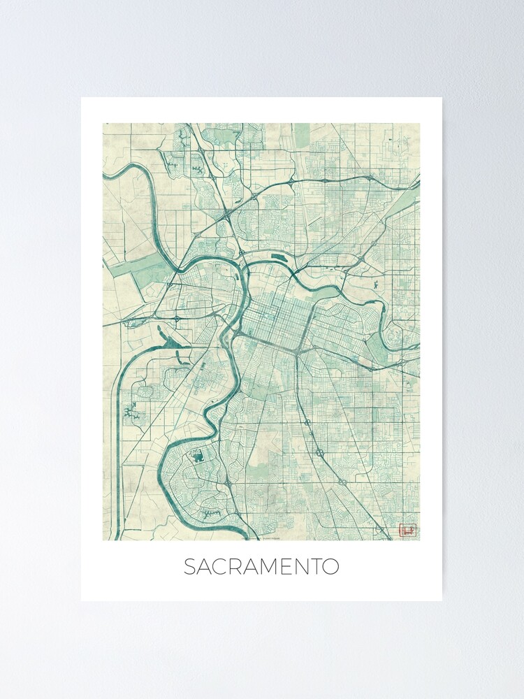 Alternate view of Sacramento Map Blue Vintage Poster