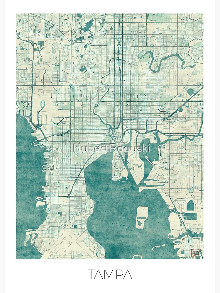 Tampa Map Blue Vintage by HubertRoguski